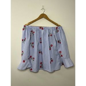 Flores Women's Off the Shoulder Blouse Blue Stripes Floral 3/4 Sleeve Size Small